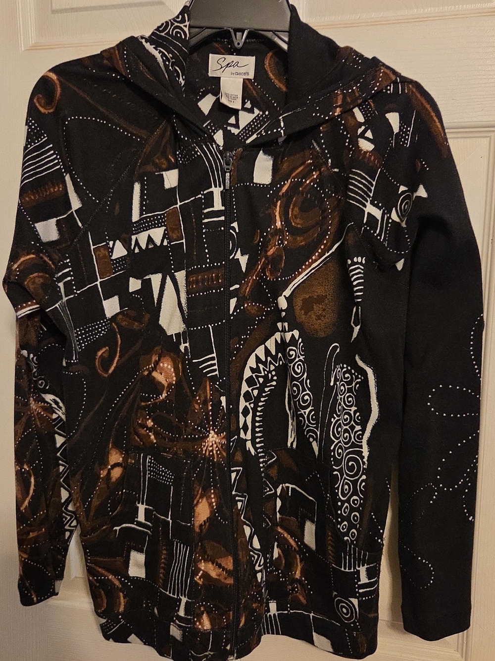 Chico's Black, White & Brown Patterned Zip-Up Utility Jacket